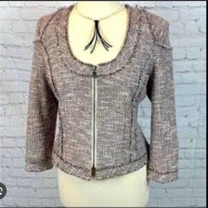 Banana Republic Tweed Linen Blend Jacket Blazer Fringe Collarless Office Size 4